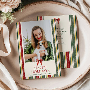 Merry Christmas Vintage Red Green Stripes 1 Photo Holiday Card