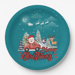 Merry Christmas Vintage Red Santa Truck Gifts Paper Plate