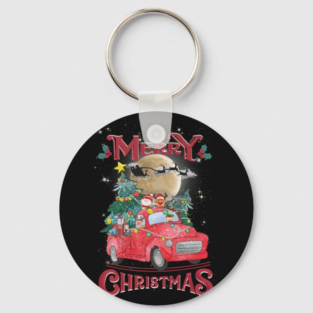 Merry Christmas Vintage Red Santa Truck Keychain (Front)
