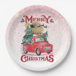 Merry Christmas Vintage Red Santa Truck Paper Plate
