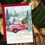 Merry Christmas Vintage Red Truck in Forest Gold Foil Holiday Card<br><div class="desc">Merry Christmas Card with luxury gold foil,  festive calligraphy. Attractive traditional design with misty watercolor forest,  vintage red truck,  christmas tree with string lights and a stack of gifts.The template is ready for you to add your personalized greeting.</div>