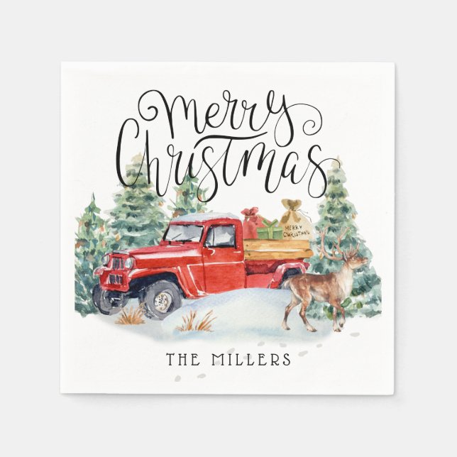 Merry Christmas | Vintage Red Truck Personalized Napkin (Front)