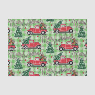Merry Christmas Vintage Red Trucks Buffalo Check Tissue Paper