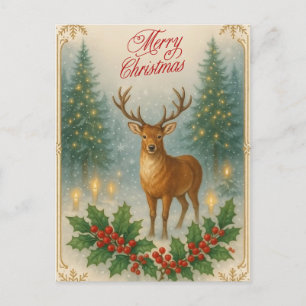 Merry Christmas Vintage Reindeer, Holly Berry Holiday Postcard