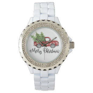 Merry Christmas Vintage Retro Red Truck Cute Face Watch