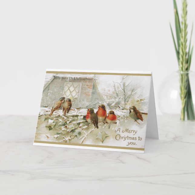 Merry Christmas Vintage Robin Bird Card (Front)