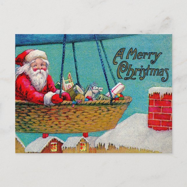 Merry Christmas Vintage Santa in Air Balloon  Postcard (Front)