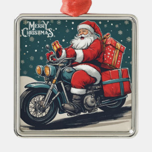 Merry Christmas Vintage Santa on Motorcycle Metal Ornament