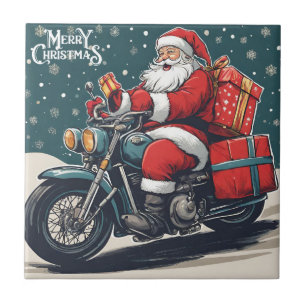 Merry Christmas Vintage Santa on Motorcycle Tile