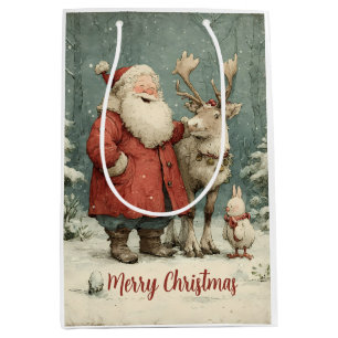 Merry Christmas Vintage Santa & Reindeer Medium Gift Bag
