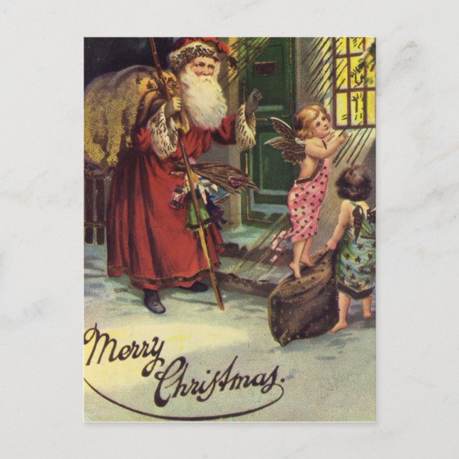 Merry Christmas, Vintage, Santa with Angels Holiday Postcard (Front)