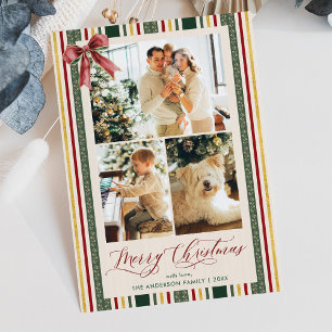 Merry Christmas Vintage Stripes and Bow 3 Photo Holiday Card