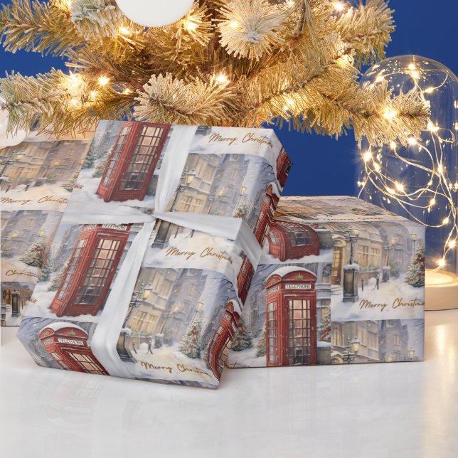 Merry Christmas Vintage Telephone Booth  Wrapping Paper (Holidays)