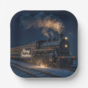 Merry Christmas Vintage Train In Snow Paper Plate