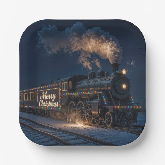 Merry Christmas Vintage Train In Snow Paper Plate (Front)