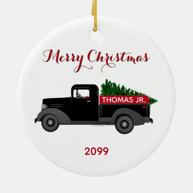 Merry Christmas Vintage Truck  Ceramic Ornament (Back)