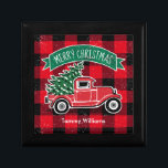 Merry Christmas Vintage Truck Green Buffalo Plaid Gift Box<br><div class="desc">This holiday gift box features a classic red pickup truck with a fresh Christmas tree in the back with a sprinkling of snow on a rustic red and black buffalo check plaid. Above the truck is a green banner which reads "Merry Christmas". Below is a name for you to personalize....</div>
