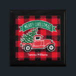 Merry Christmas Vintage Truck Green Buffalo Plaid Gift Box<br><div class="desc">This holiday gift box features a classic red pickup truck with a fresh Christmas tree in the back with a sprinkling of snow on a rustic red and black buffalo check plaid. Above the truck is a green banner which reads "Merry Christmas". Below is a name for you to personalize....</div>