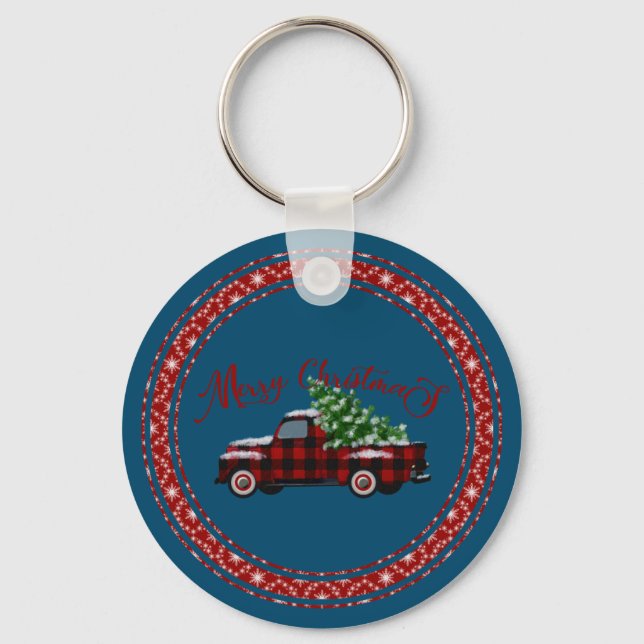Merry Christmas Vintage Truck Pine Tree Keychain (Front)