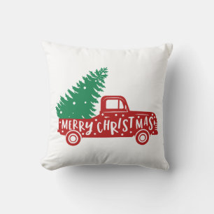 Merry Christmas Vintage Truck with Christmas Tree Throw Pillow