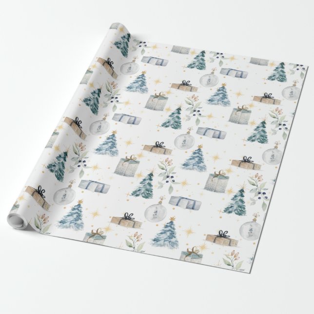 Merry Christmas  vintage watercolour tree globe  Wrapping Paper (Unrolled)