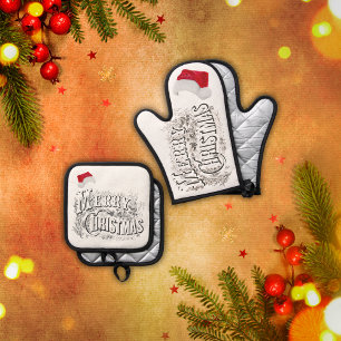 Merry Christmas - Vintage, with Santa Hat   Oven Mitt & Pot Holder Set