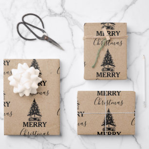 Merry Christmas Vintage Xmas Tree Kraft Wrapping Paper Sheet