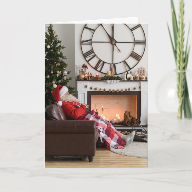 Merry Christmas Warm and Cozy Fireplace Santa Holiday Card (Front)