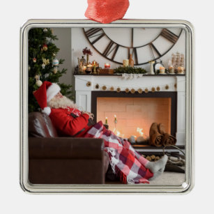 Merry Christmas Warm and Cozy Fireplace Santa Metal Ornament