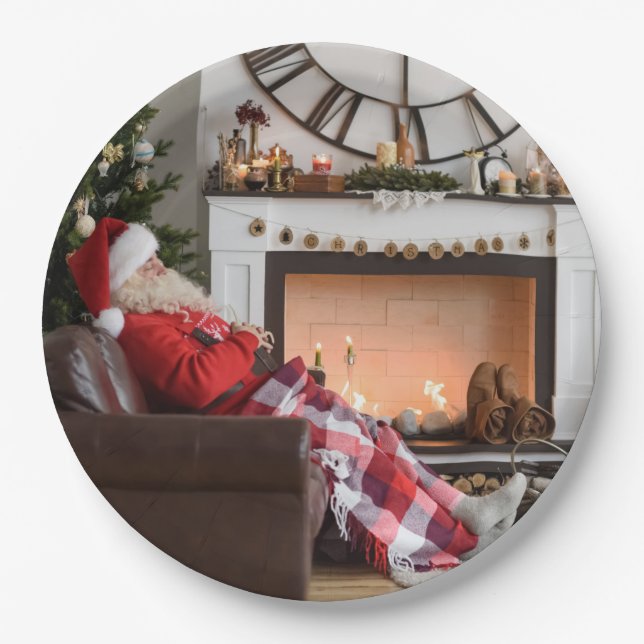 Merry Christmas Warm and Cozy Fireplace Santa Paper Plate (Front)