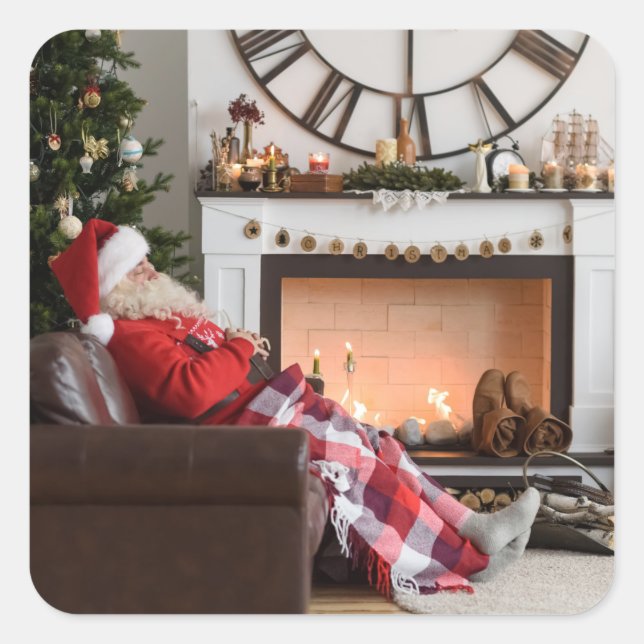 Merry Christmas Warm and Cozy Fireplace Santa Square Sticker (Front)