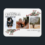 Merry Christmas Warm Red Winter Botanical Photo Ho Magnet<br><div class="desc">Looking for a unique holiday card that will really stand out? Check out our Merry Christmas Warm Red Winter Botanical Photo Magnet Holiday Card! This beautiful card features three of your favourite photos, surrounded by festive red and green winter motifs. Modern calligraphy completes the look, making this one holiday card...</div>