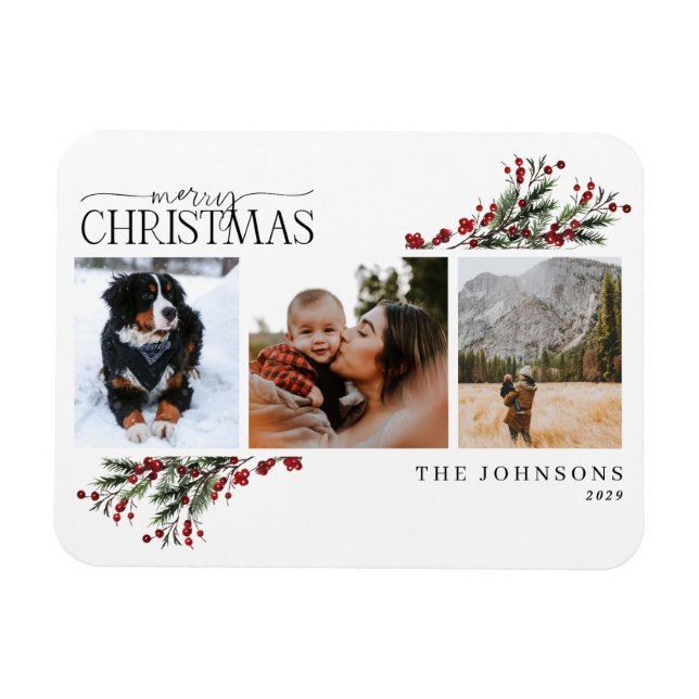 Merry Christmas Warm Red Winter Botanical Photo Ho Magnet (Horizontal)