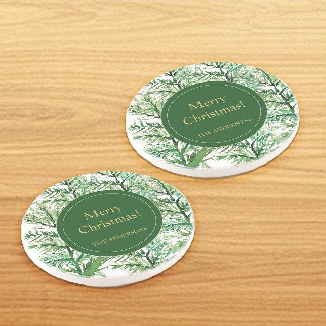 Merry Christmas Watercolor Art Tree personalized Coaster (Creator Uploaded)