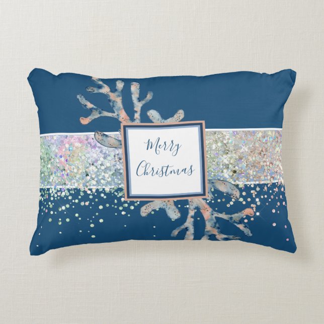 Merry Christmas watercolor blue tan beach style Accent Pillow (Front)