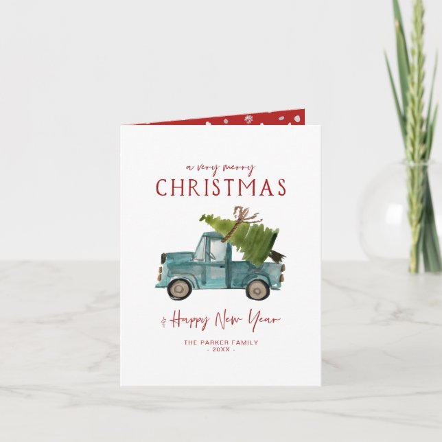 Merry Christmas | Watercolor Blue Truck Holiday (Front)