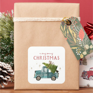 Merry Christmas   Watercolor Blue Truck Holiday Square Sticker