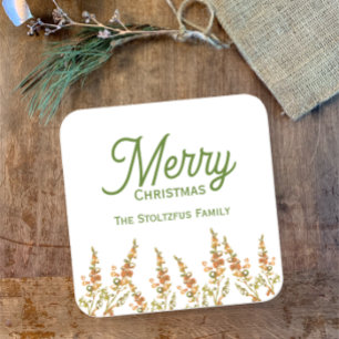 Merry Christmas Watercolor Botanical Custom Name  Square Sticker