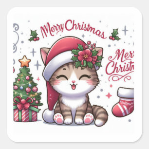 Merry Christmas Watercolor Cat Square Sticker