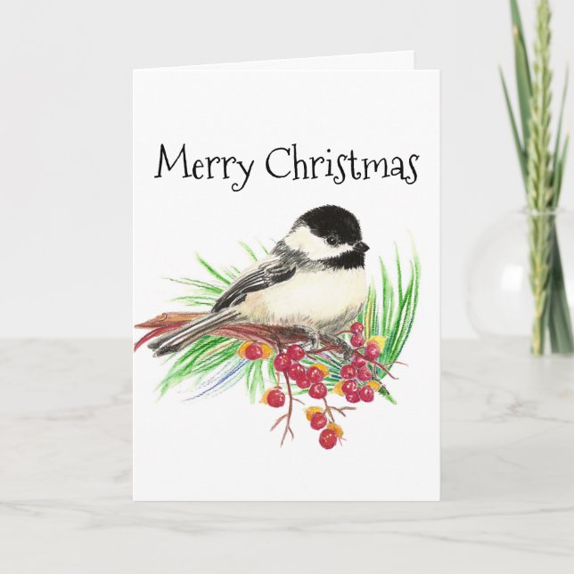 Merry Christmas Watercolor Chickadee Bird art Holiday Card (Front)