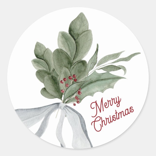 Merry Christmas Watercolor Christmas Foliage Classic Round Sticker (Front)