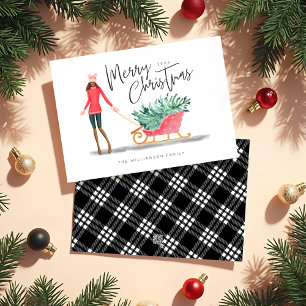 Merry Christmas Watercolor Christmas Girl Sleigh Holiday Card