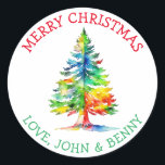 Merry Christmas Watercolor Christmas Tree Classic Round Sticker<br><div class="desc">Pretty watercolor rainbow Christmas tree personalized stickers.  Cute for the LGBTQIA  community. Merry Christmas and Happy New Year.</div>