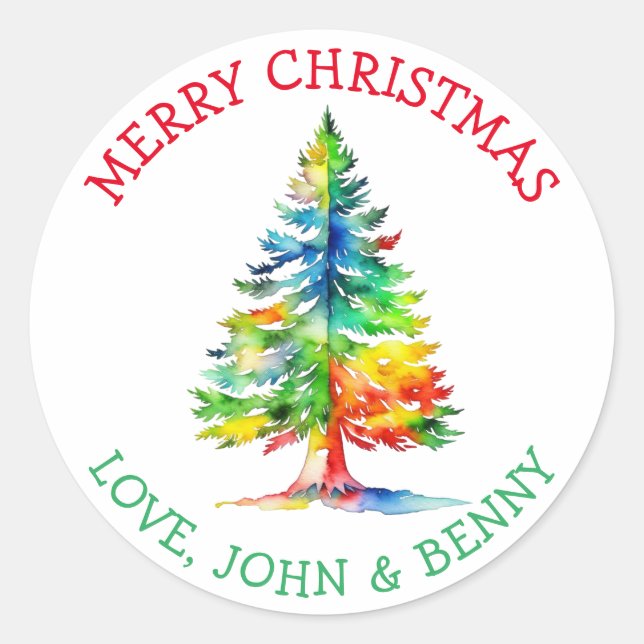 Merry Christmas Watercolor Christmas Tree Classic Round Sticker (Front)
