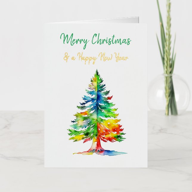 Merry Christmas Watercolor Christmas Tree Foil Greeting Card (Front)