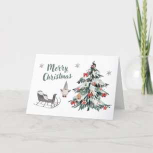 Merry Christmas Watercolor Christmas Tree, Gnome Holiday Card