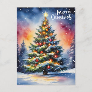 Merry Christmas Watercolor Christmas Tree Holiday Postcard