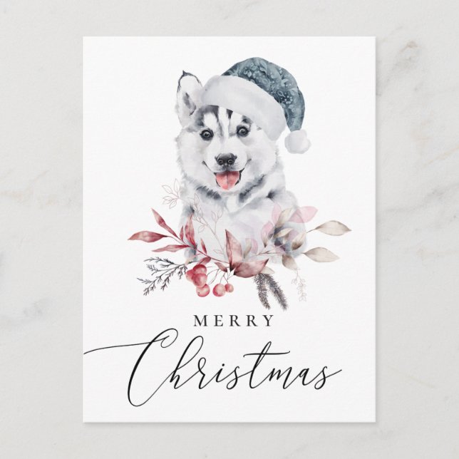Merry Christmas. Watercolor cute holiday husky (Front)