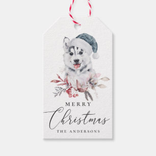 Merry Christmas. Watercolor cute holiday husky dog Gift Tags