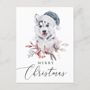 Merry Christmas. Watercolor cute holiday husky Postcard